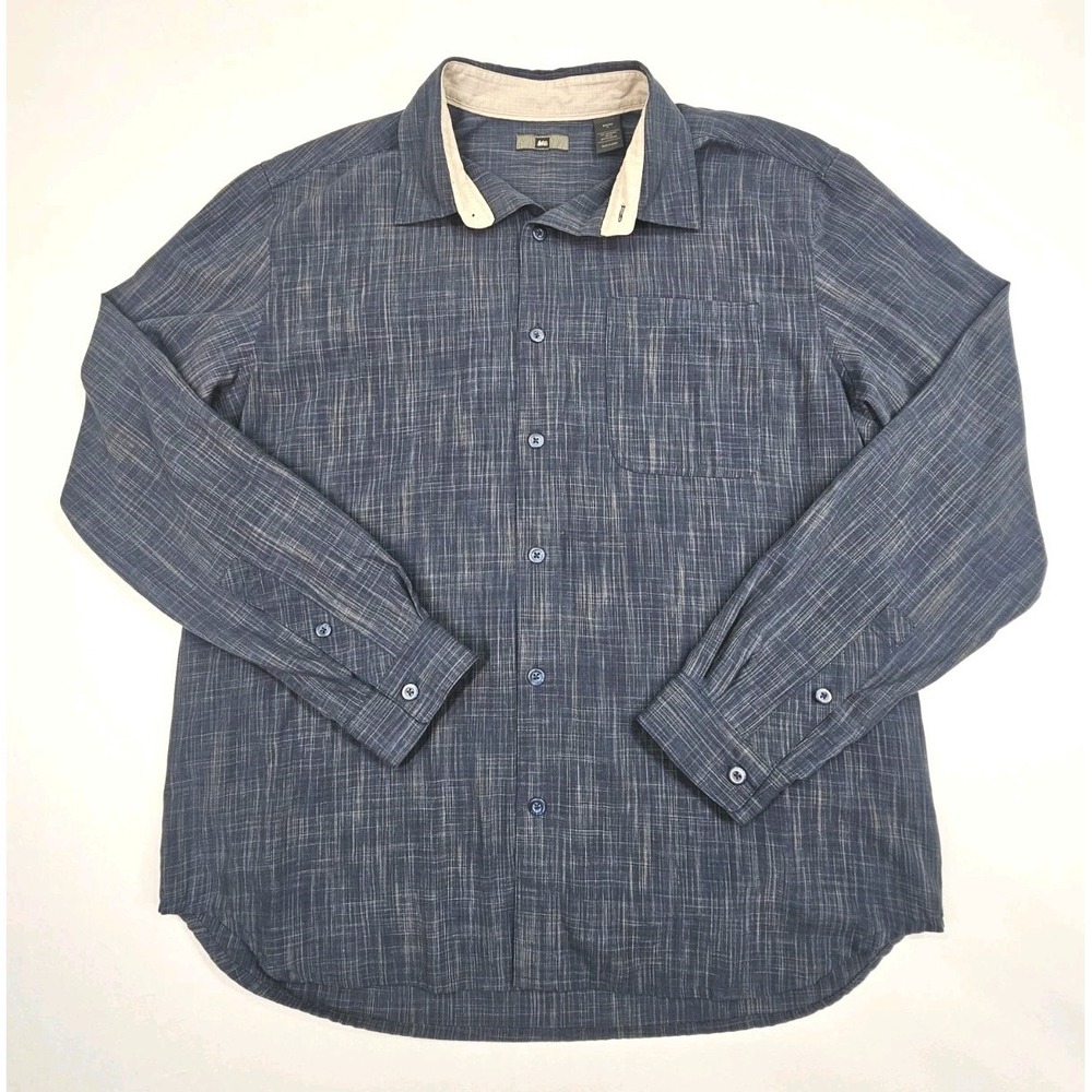 REI Shirt Mens Large Blue Tan Outdoor Button Up Long Sleeve Hiking Casual Fun